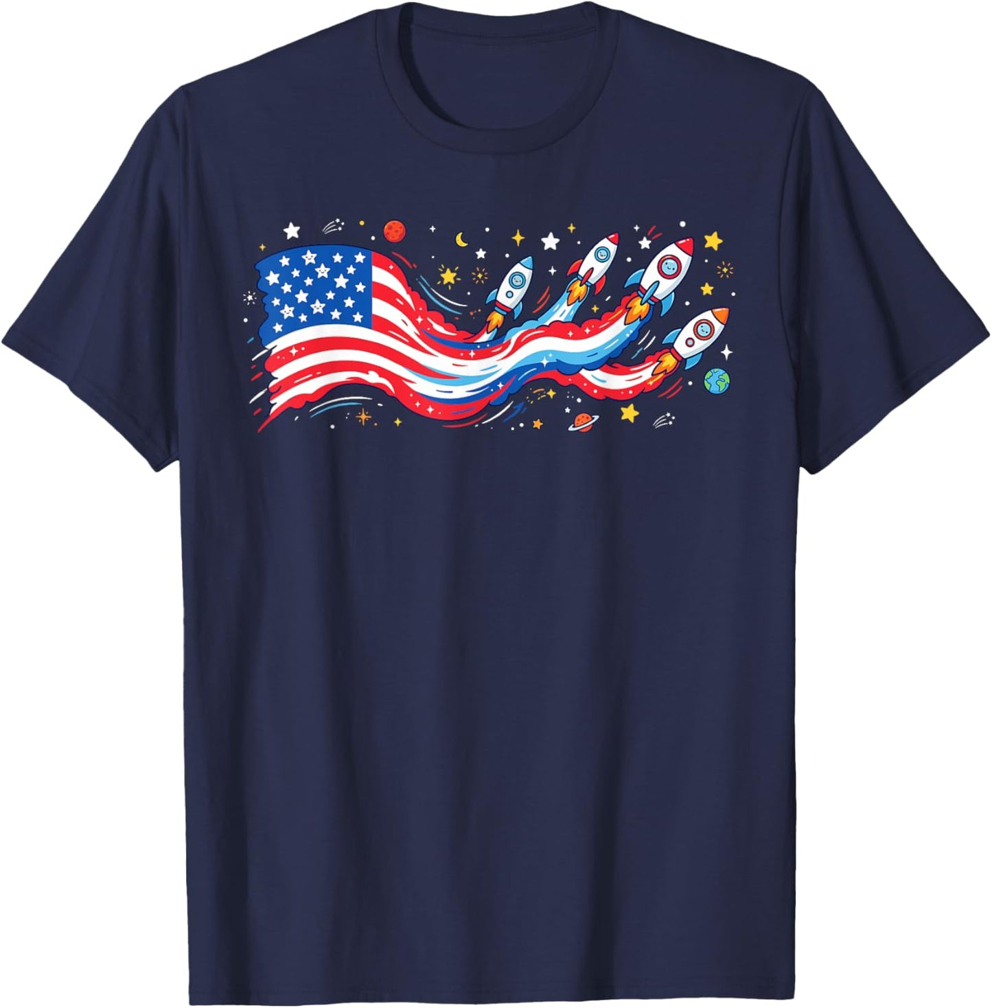 Cute Patriotic Shirts , Space Rocket American Flag T-Shirt - T-Shirt | Navy