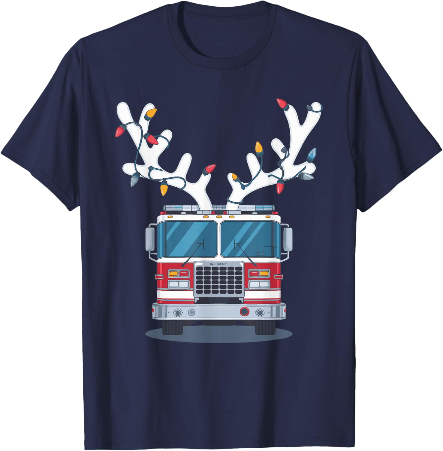 Christmas Firetruck Firefighter Xmas -Adult , Black, Small, Short Sleeve T-Shirt - T-Shirt | Navy