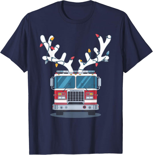 Christmas Firetruck Firefighter Xmas -Adult , Black, Small, Short Sleeve T-Shirt - T-Shirt | Navy