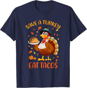 Save A Turkey Eat Tacos Funny Thanksgiving Men Women Kids T-Shirt - T-Shirt | Navy