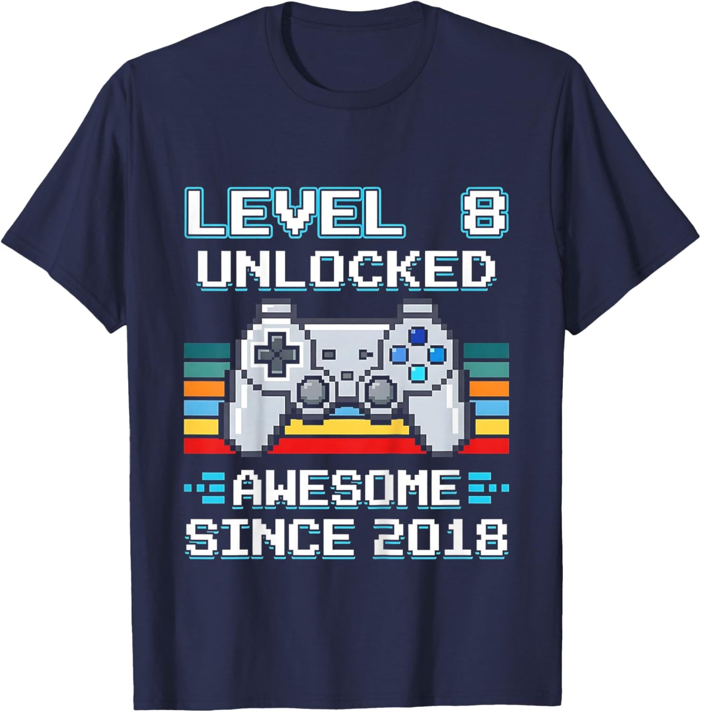 Kids 8th Birthday Gamer Level 8 Unlocked Awesome Since 2018 T-Shirt - T-Shirt | Navy