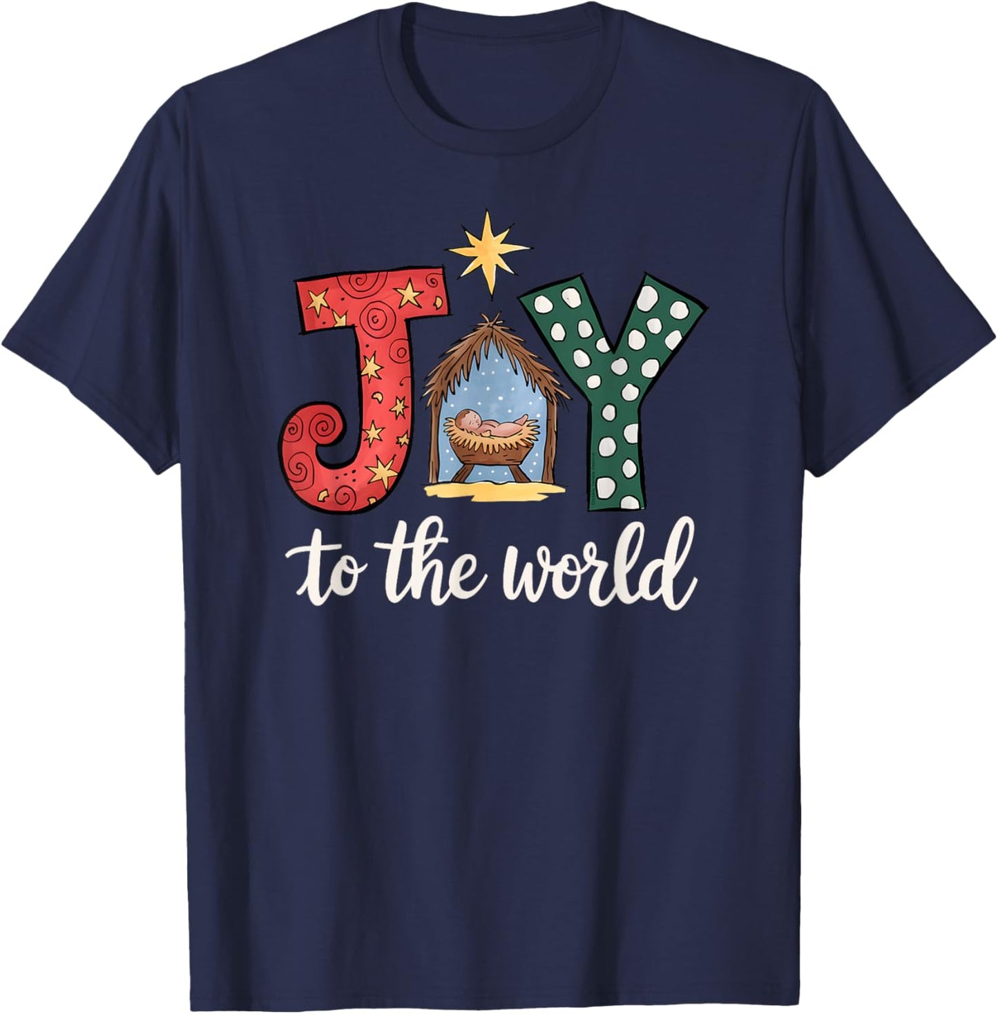 Dibble Dabble Designs Christmas Nativity - -Adults & Kids - Black - Small - Short Sleeve - Modern Artistic - JOY to the World with Jesus in the Manger T-Shirt - T-Shirt | Navy