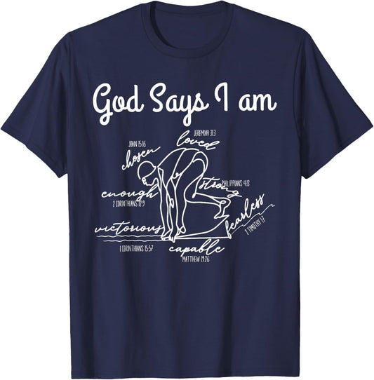 God Says I Am Bible Verse Swimmer Christian Swim Coach T-Shirt - T-Shirt | Navy