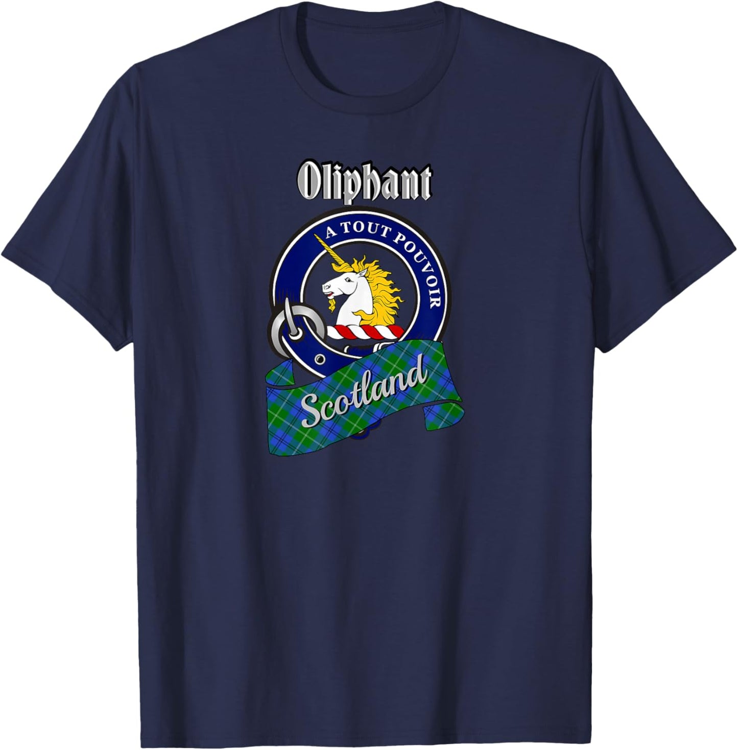 Oliphant Scottish Clan Badge & Tartan T-Shirt - T-Shirt | Navy
