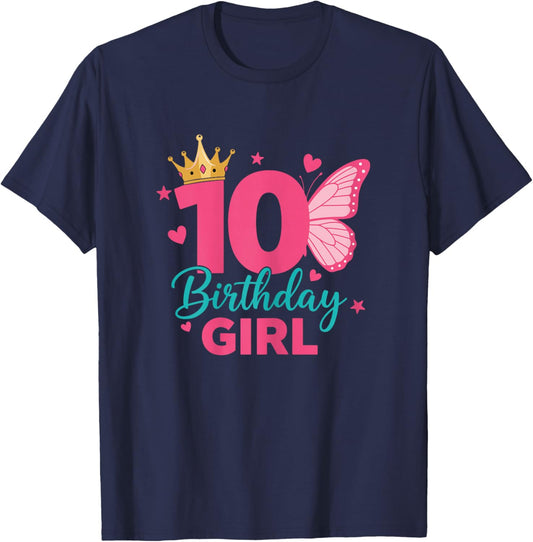 Butterfly 10th Birthday Girl Crown Princess Party T-Shirt - T-Shirt | Navy