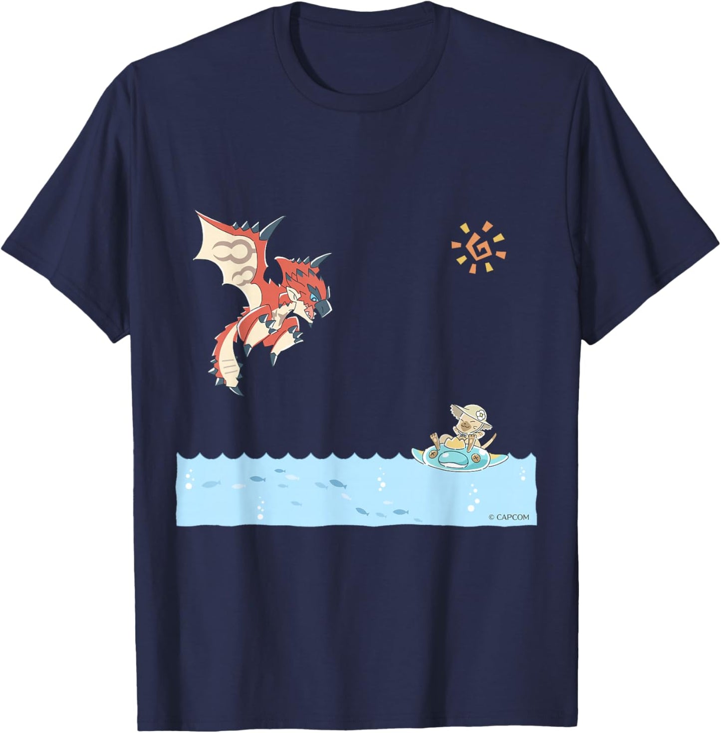 Monster Hunter Rathalos & Swimming Felyne T-Shirt - T-Shirt | Navy