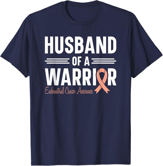 Endometrial Cancer Husband Of A Warrior Peach Ribbon Uterine T-Shirt - T-Shirt | Navy