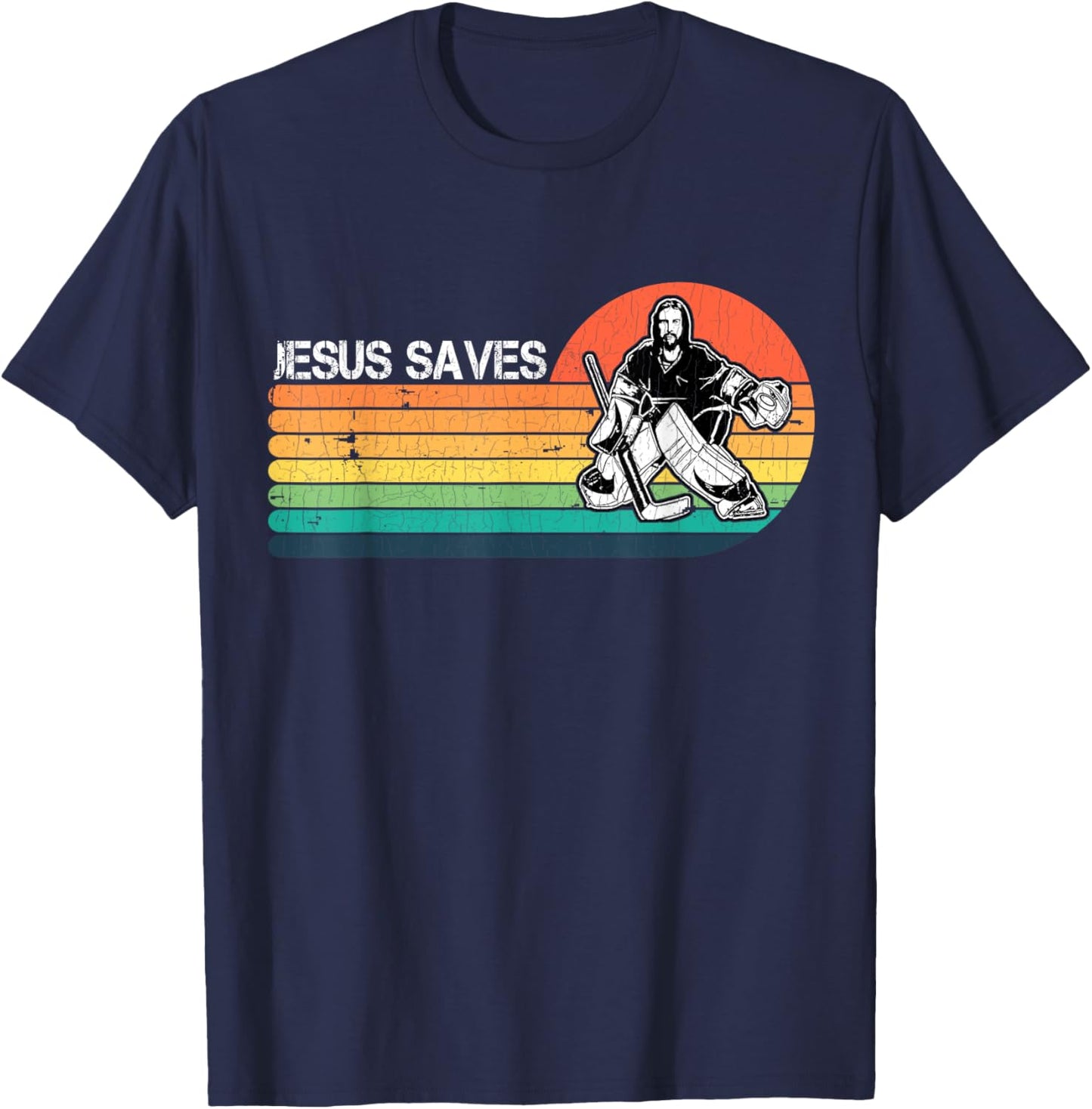 Vintage Retro Sunset Jesus Saves Hockey Player Jesus Lover T-Shirt - T-Shirt | Navy