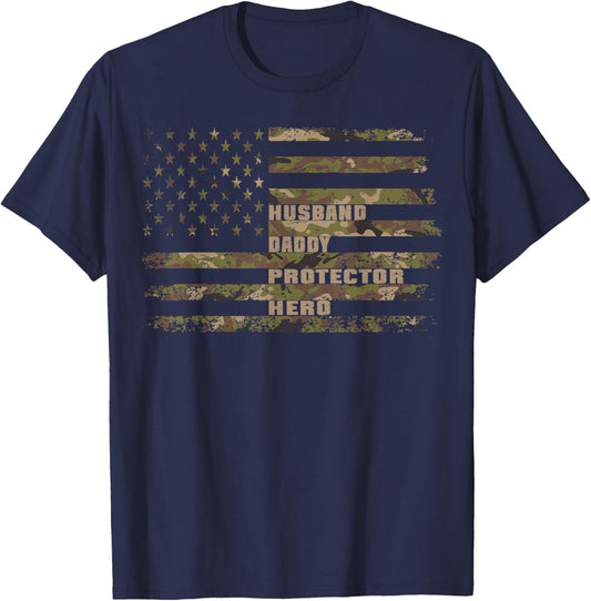 Husband Daddy Protector Hero t shirt Camouflage Fathers Dad T-Shirt - T-Shirt | Navy