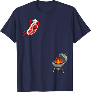 Funny Chef Steak Jumping Into BBQ Grill Cartoon T-Shirt - T-Shirt | Navy