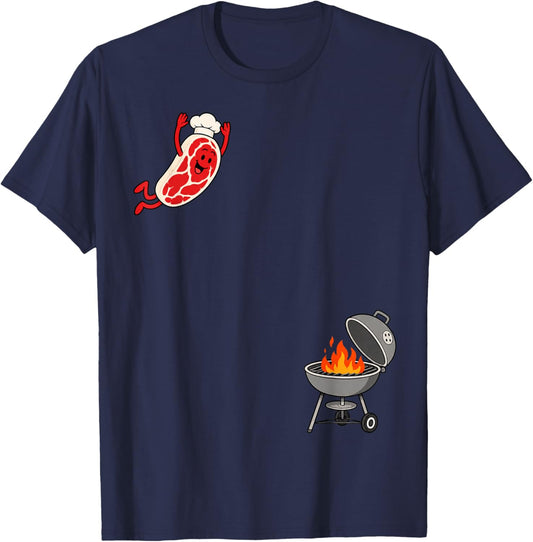Funny Chef Steak Jumping Into BBQ Grill Cartoon T-Shirt - T-Shirt | Navy