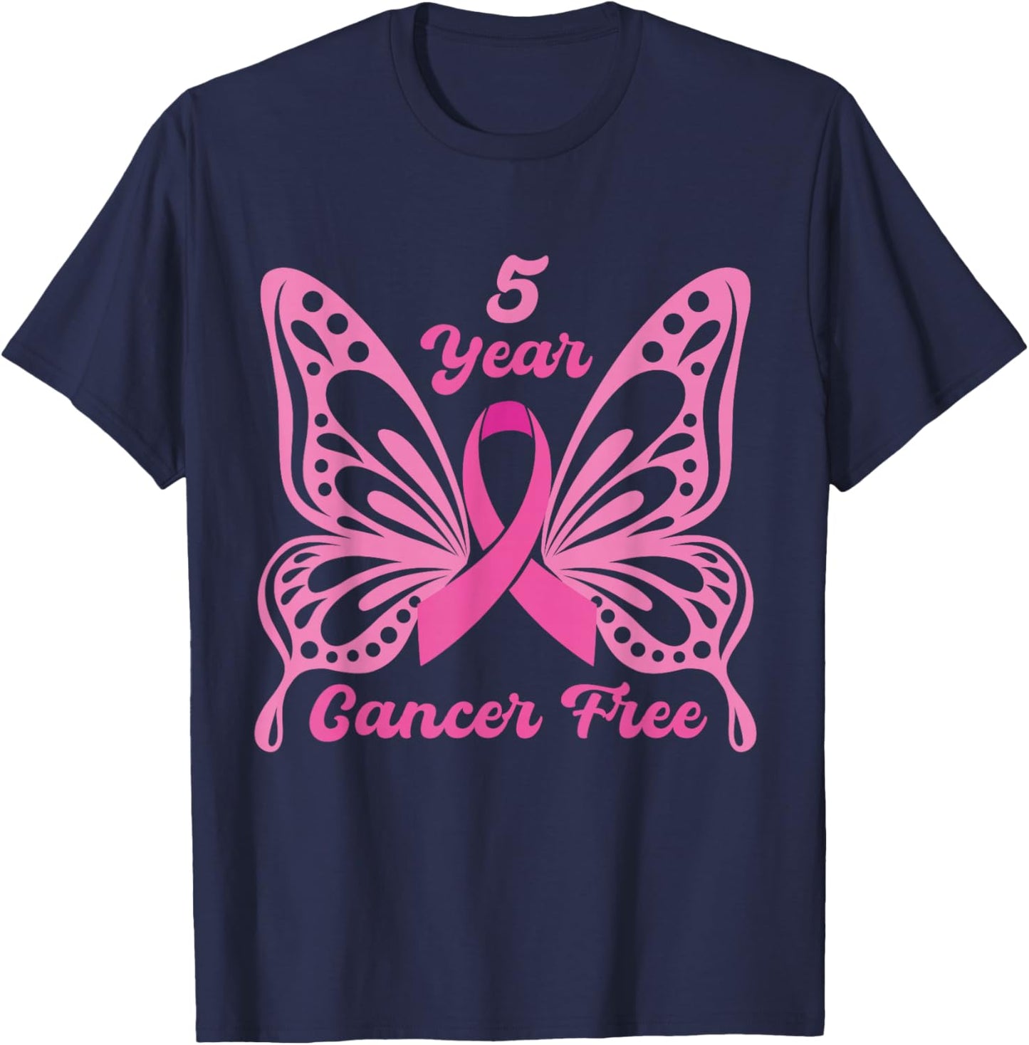 5 Year Cancer Free Breast Cancer Awareness Butterfly Women T-Shirt - T-Shirt | Navy
