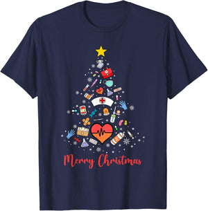 Stethoscope Christmas Tree Nurse Nursing Scrub Top Xmas T-Shirt - T-Shirt | Navy