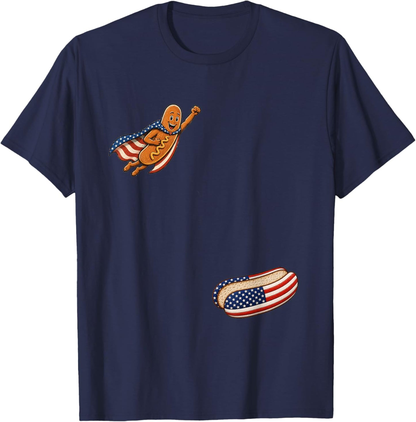 Funny 4th of July Patriotic Hot-Dog BBQ Flying into Bun 250 T-Shirt - T-Shirt | Navy