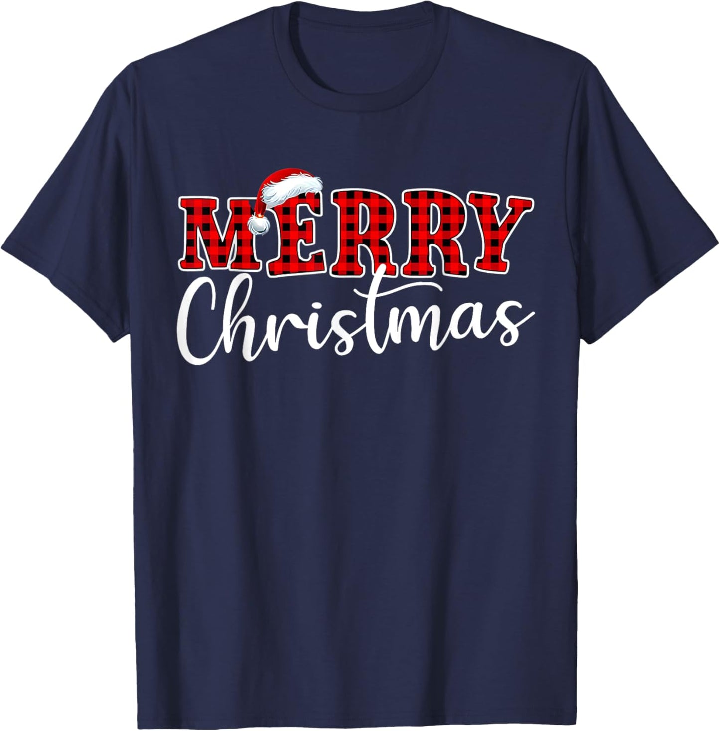 Merry Christmas Buffalo Plaid Red Santa Hat Xmas Pajamas T-Shirt - T-Shirt | Navy