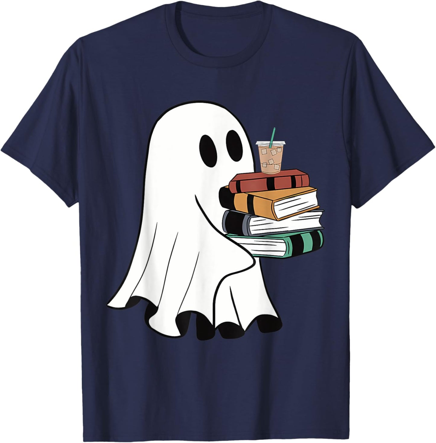 Ghost With Books Coffee Halloween For Book Lover T-Shirt - T-Shirt | Navy
