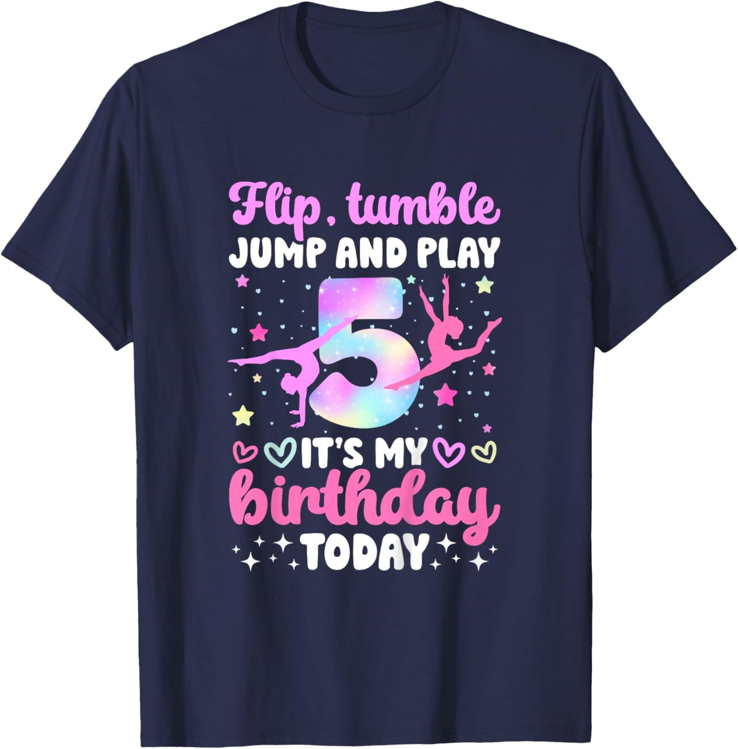 Kids 5th Gymnastics Birthday Party Five Year Old Gymnast Girl T-Shirt - T-Shirt | Navy