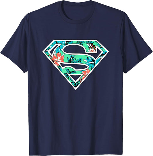 DC Comics Superman Classic Logo Tropical Flowers Pattern T-Shirt - T-Shirt | Navy