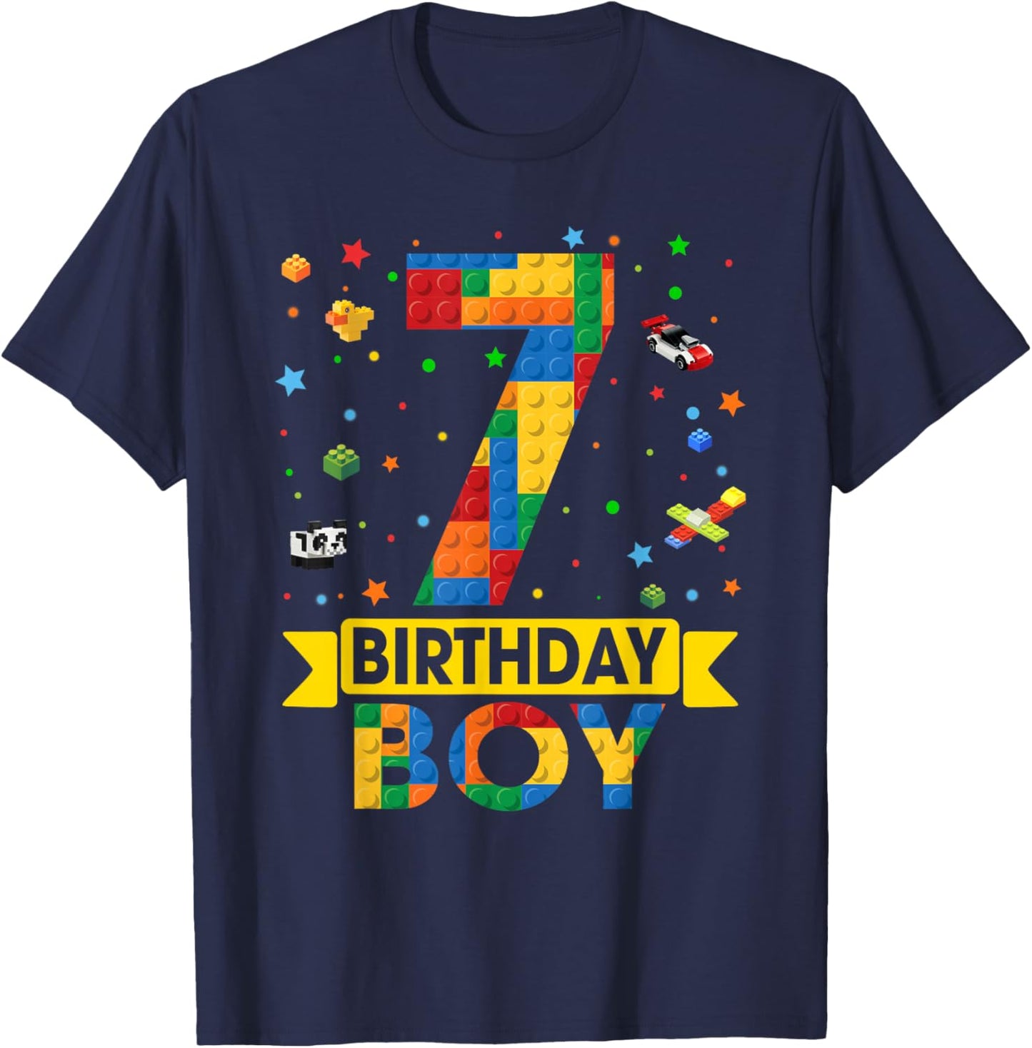 Kids Funny 7 Year Old Building Blocks 7th Birthday Boy T-Shirt - T-Shirt | Navy