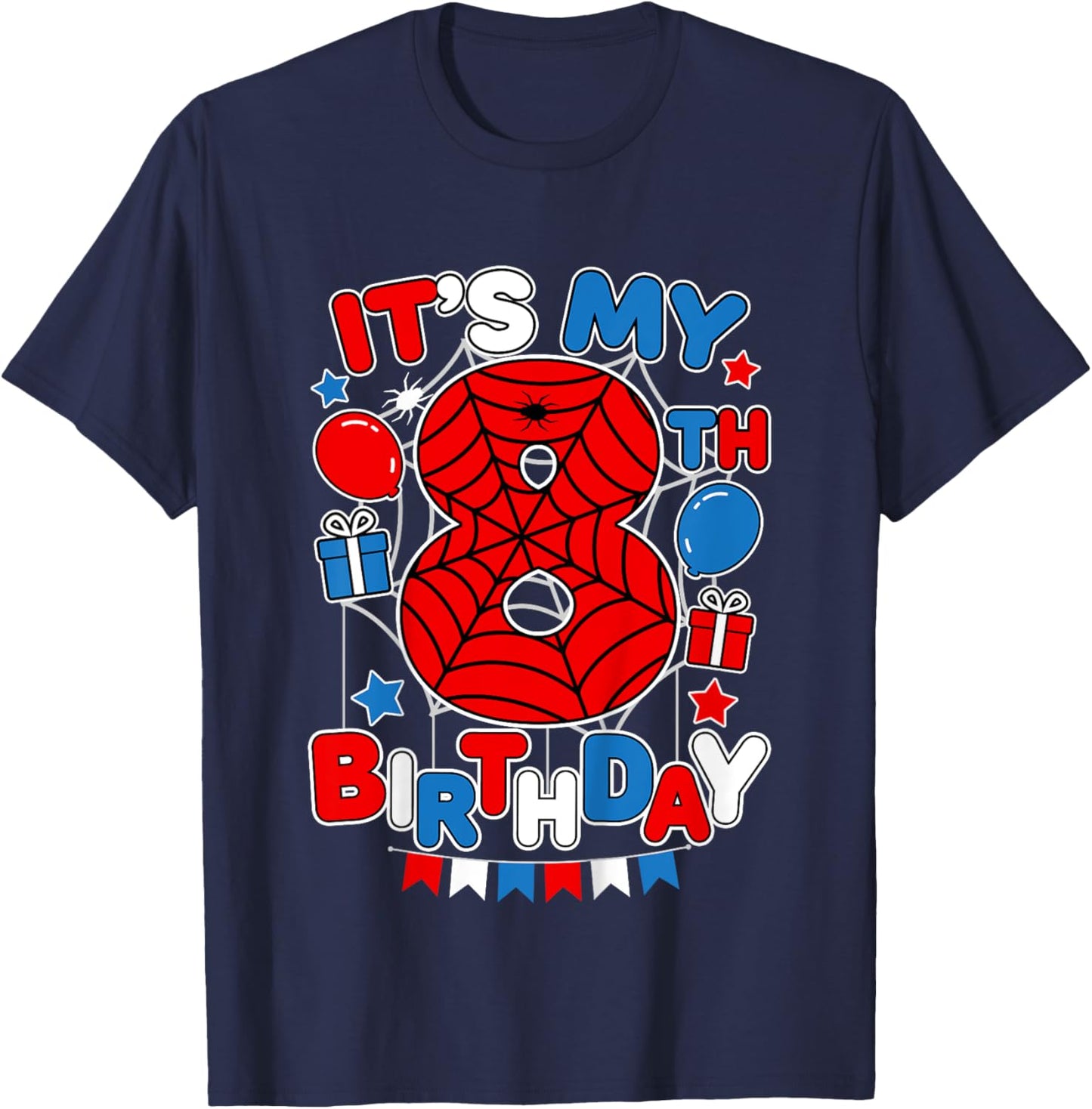 Kids It's My 8th Birthday Spider Theme Party 8 Year Old Boys Kids T-Shirt - T-Shirt | Navy