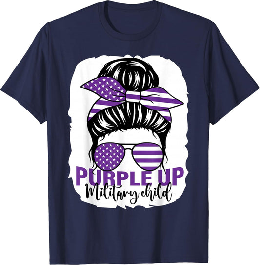 Purple Up For Military Kids Messy Bun Military Child T-Shirt - T-Shirt | Navy