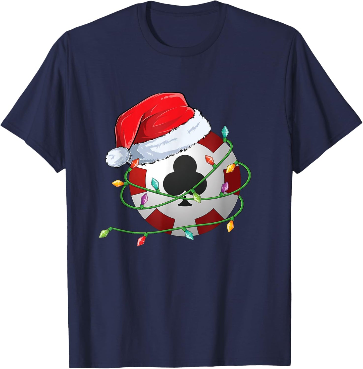 Christmas Poker Chip in Santa Hat wrapped in Holiday Lights T-Shirt - T-Shirt | Navy