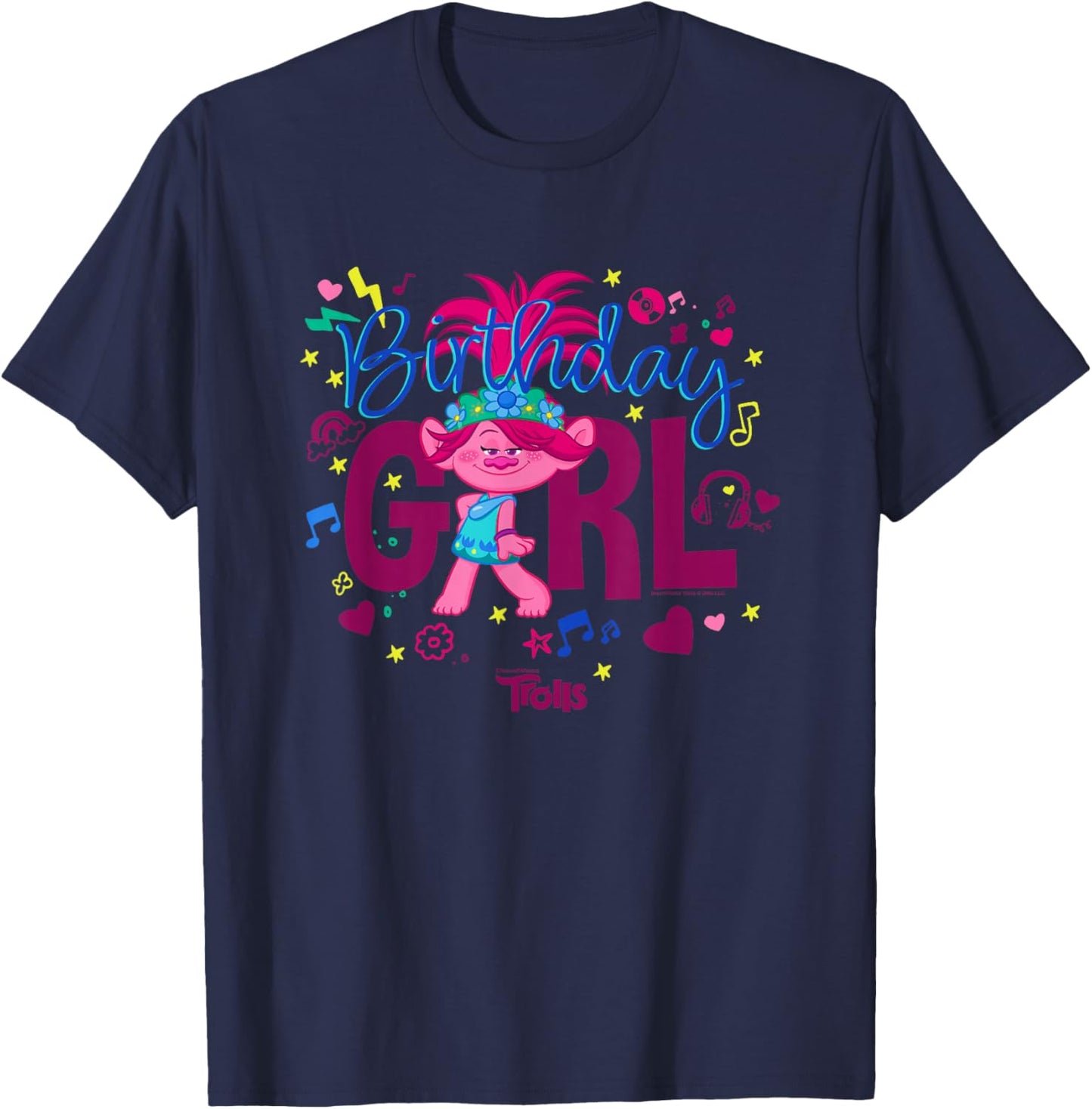 Trolls Cute Sassy Poppy Birthday Girl Big Chest Logo T-Shirt - T-Shirt | Navy