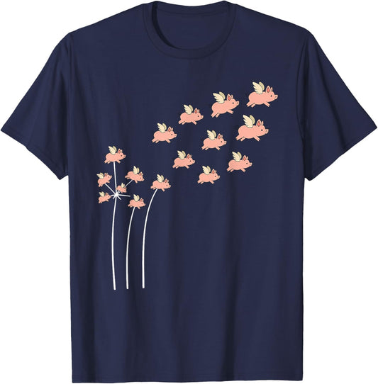 Flower Dandelion Pigs Flying with Wings Fly Cute Pig Lovers T-Shirt - T-Shirt | Navy