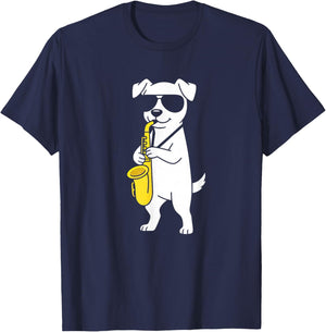 Cool Dog Saxophone Graphic for Music and Animal Fans T-Shirt - T-Shirt | Navy