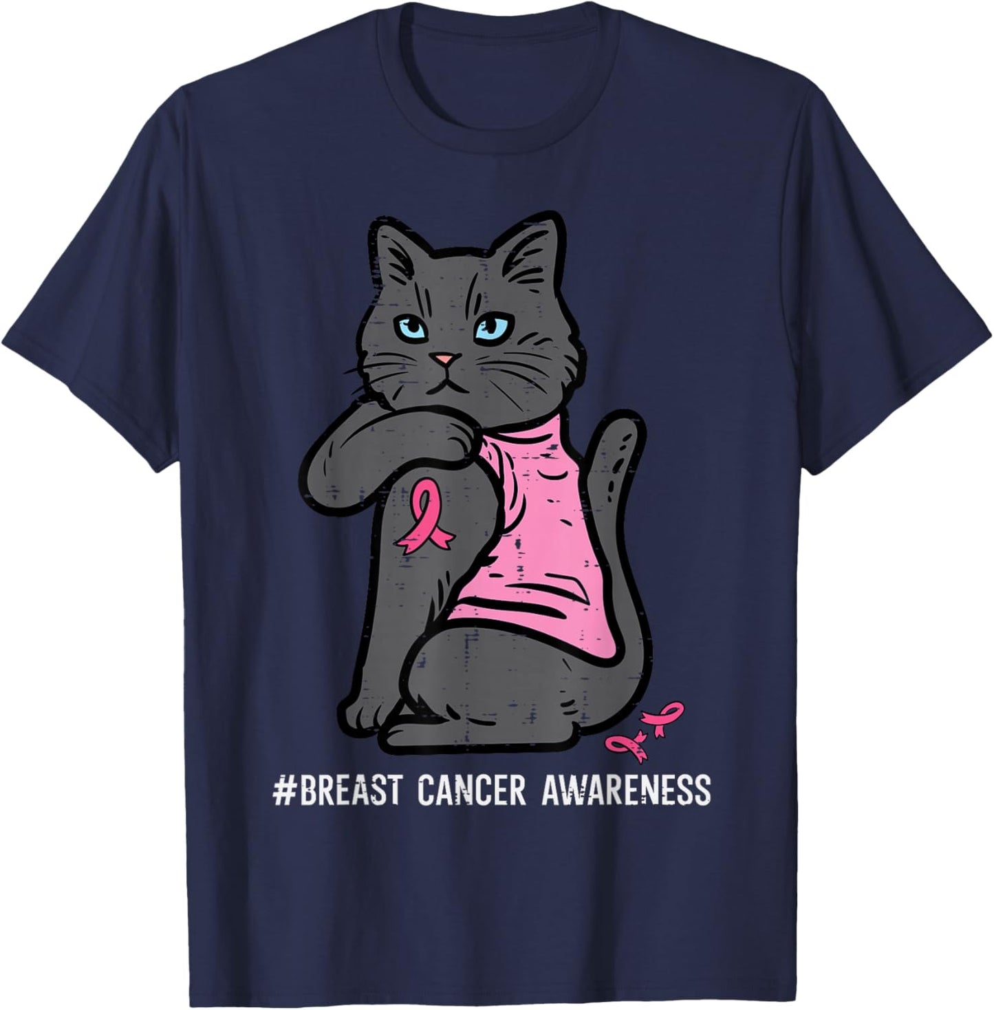 Breast Cancer Cat Pink Ribbon Awareness Women Girls Kids T-Shirt - T-Shirt | Navy