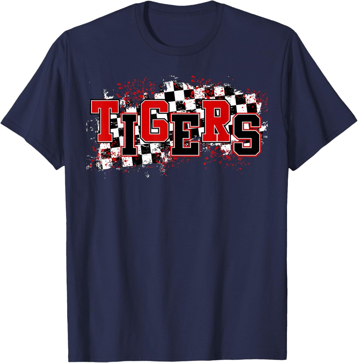Tigers School Spirit Tiger Pride Red Black Tigers Checkered T-Shirt - T-Shirt | Navy