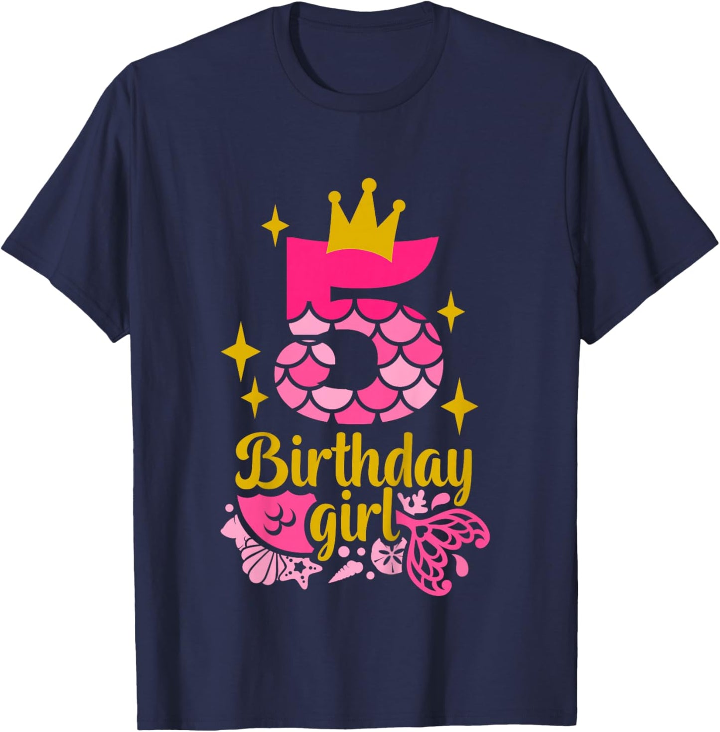 5th Birthday Girl Mermaid Fifth Birthday Pink 5yr Old Bday T-Shirt - T-Shirt | Navy