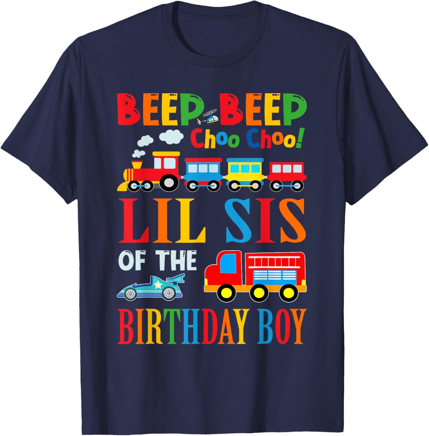 Lil Sister Of The Birthday Boy Transportation Family T-Shirt - T-Shirt | Navy