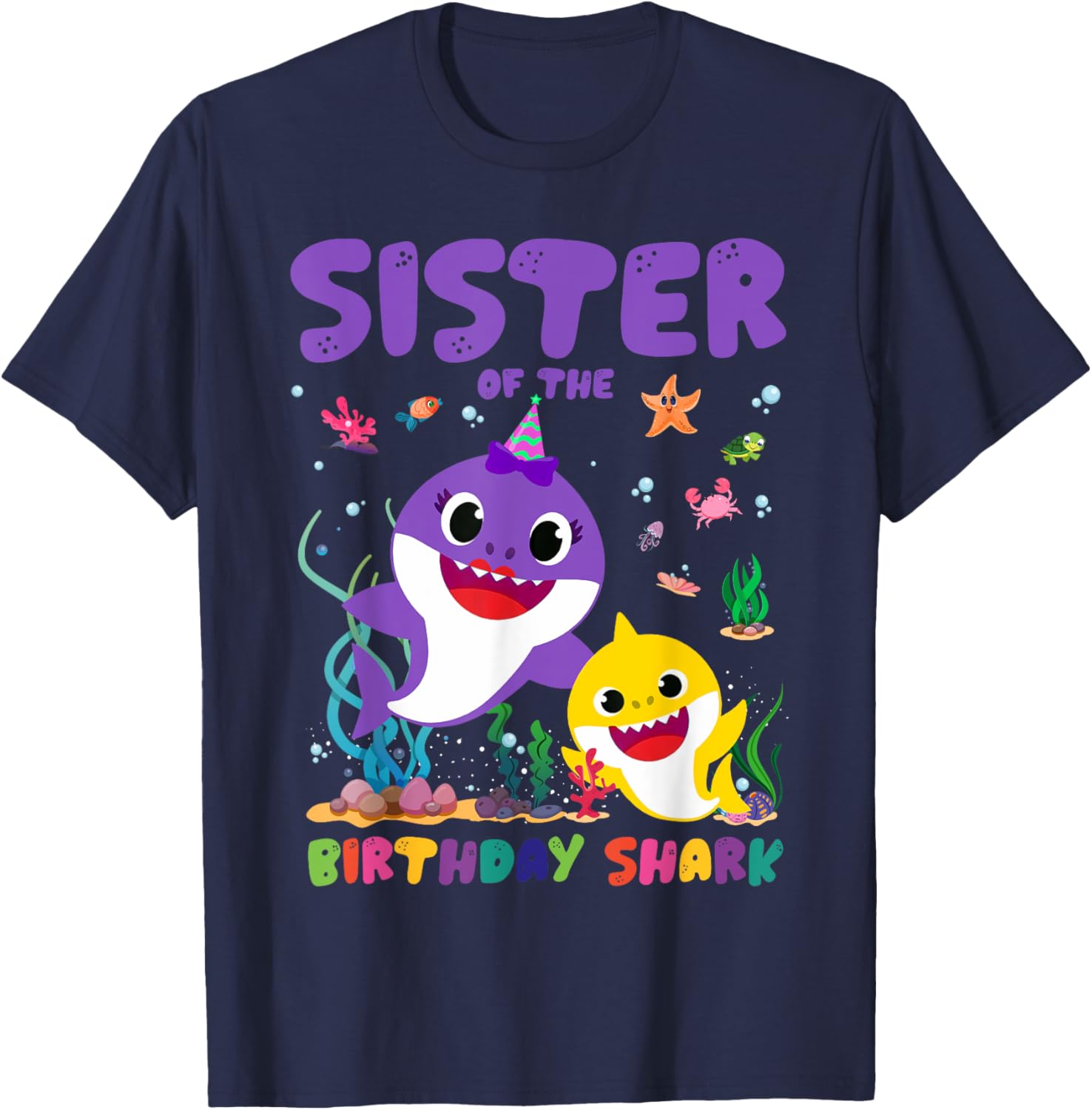 Funny Sister Of The Birthday Family Shark Birthday Boy Girl T-Shirt - T-Shirt | Navy