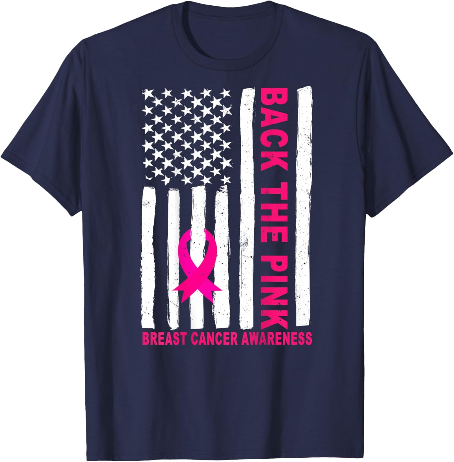 Back The Pink Ribbon USA Flag Breast Cancer Awareness T-Shirt - T-Shirt | Navy