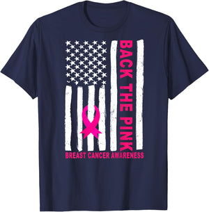 Back The Pink Ribbon USA Flag Breast Cancer Awareness T-Shirt - T-Shirt | Navy