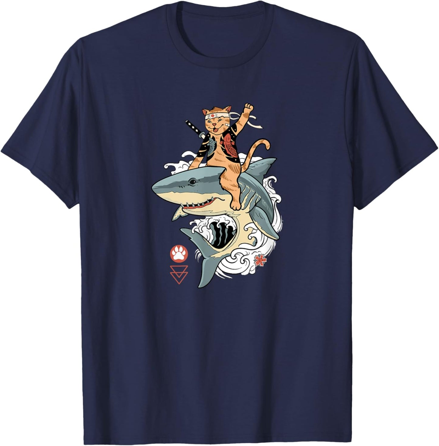 Samurai Cat Riding a Shark, Cat Warrior with Japanese Katana Men Women T-Shirt - T-Shirt | Navy