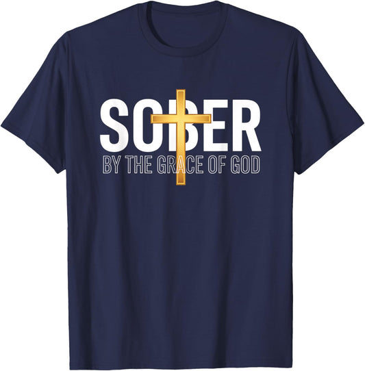 Christian Sober by The Grace of God - Recovery Sobriety Coss T-Shirt - T-Shirt | Navy