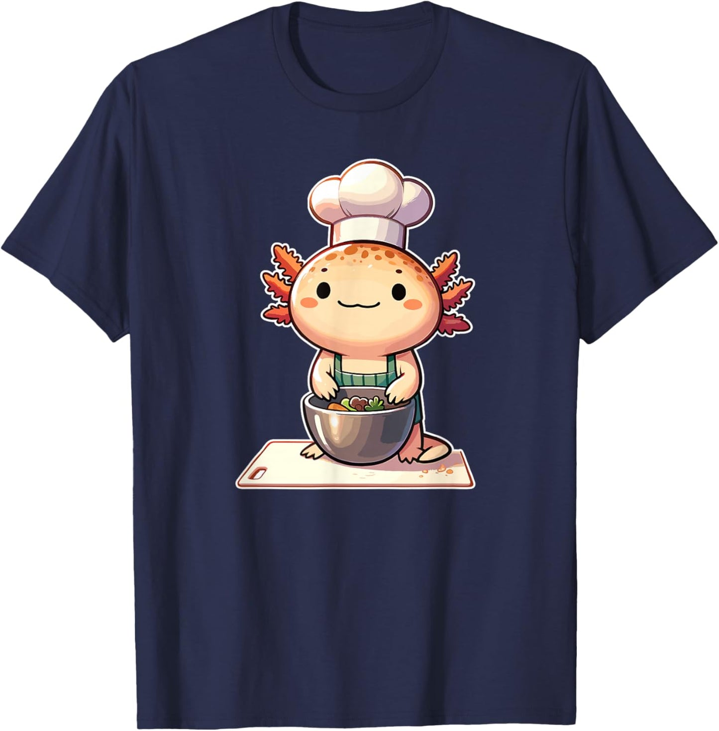 Cute Kawaii Axolotl Chef - -Adults and Kids - Black - Small - Short Sleeve T-Shirt - T-Shirt | Navy