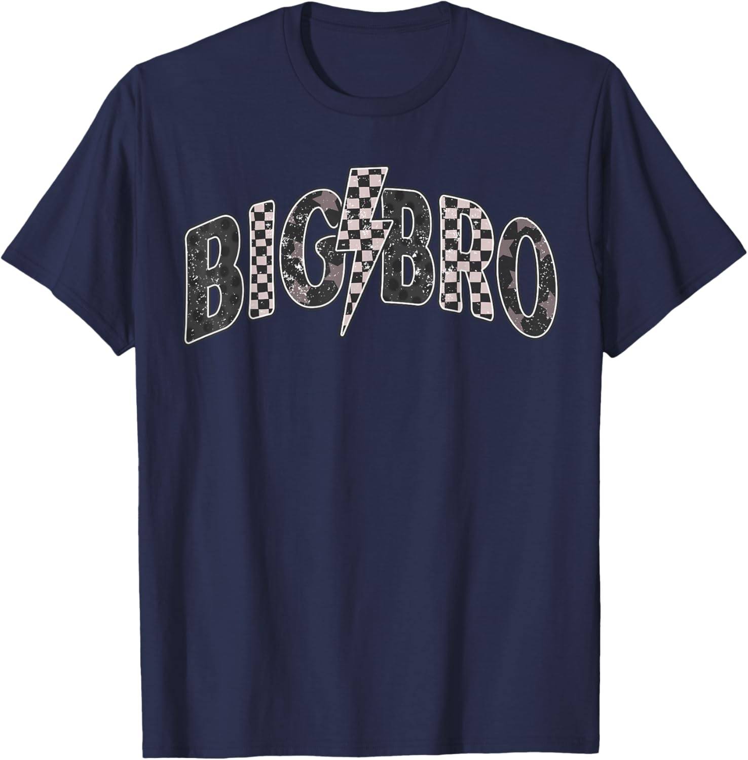 Checkered Big Bro New Brother Announcement Lightning Bolt T-Shirt - T-Shirt | Navy