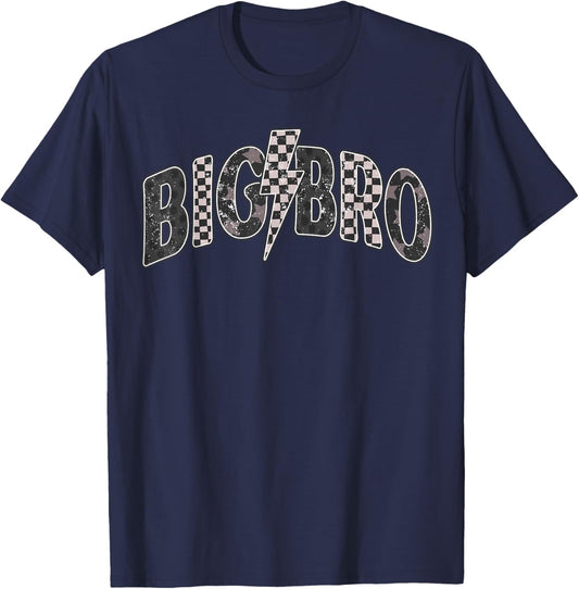 Checkered Big Bro New Brother Announcement Lightning Bolt T-Shirt - T-Shirt | Navy