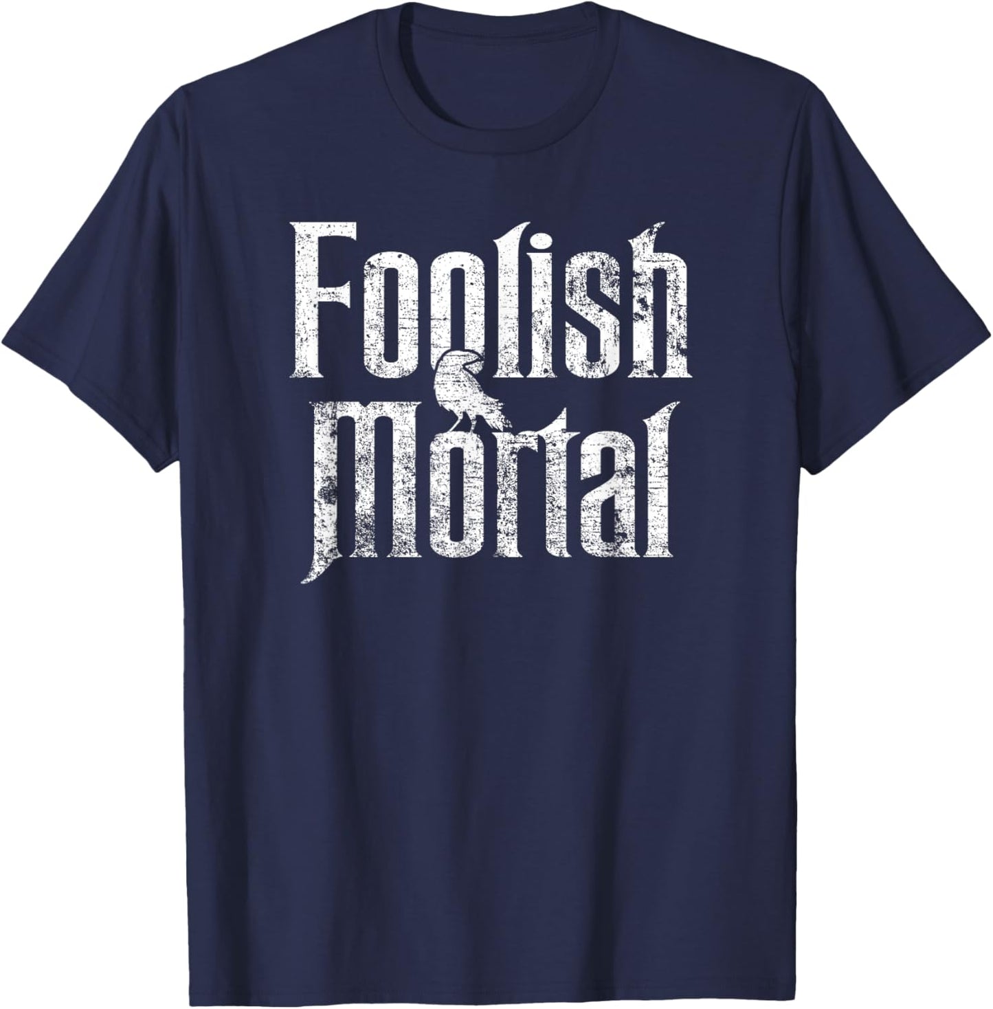 Foolish Mortal Raven White Print T-Shirt - T-Shirt | Navy