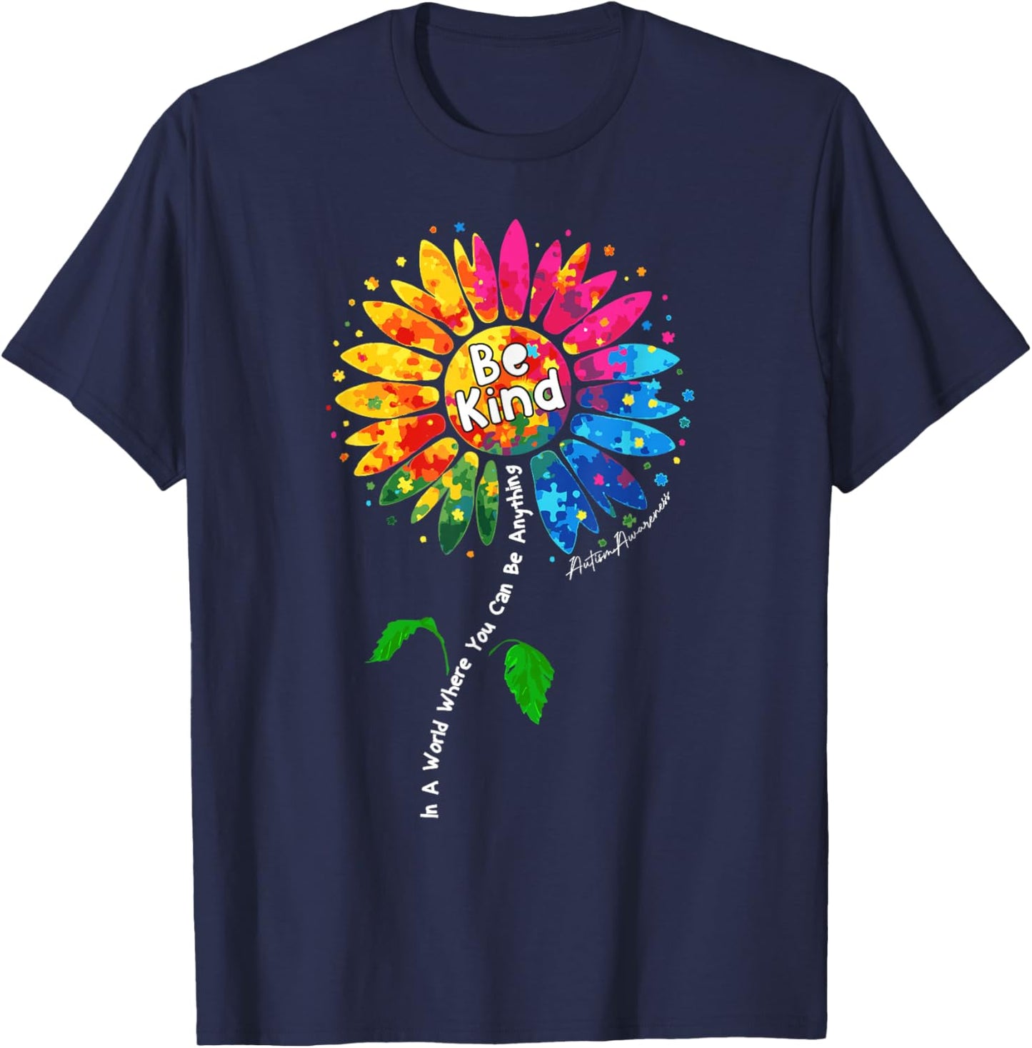 Autism Colorful Sunflower Support Autism Awareness T-Shirt - T-Shirt | Navy