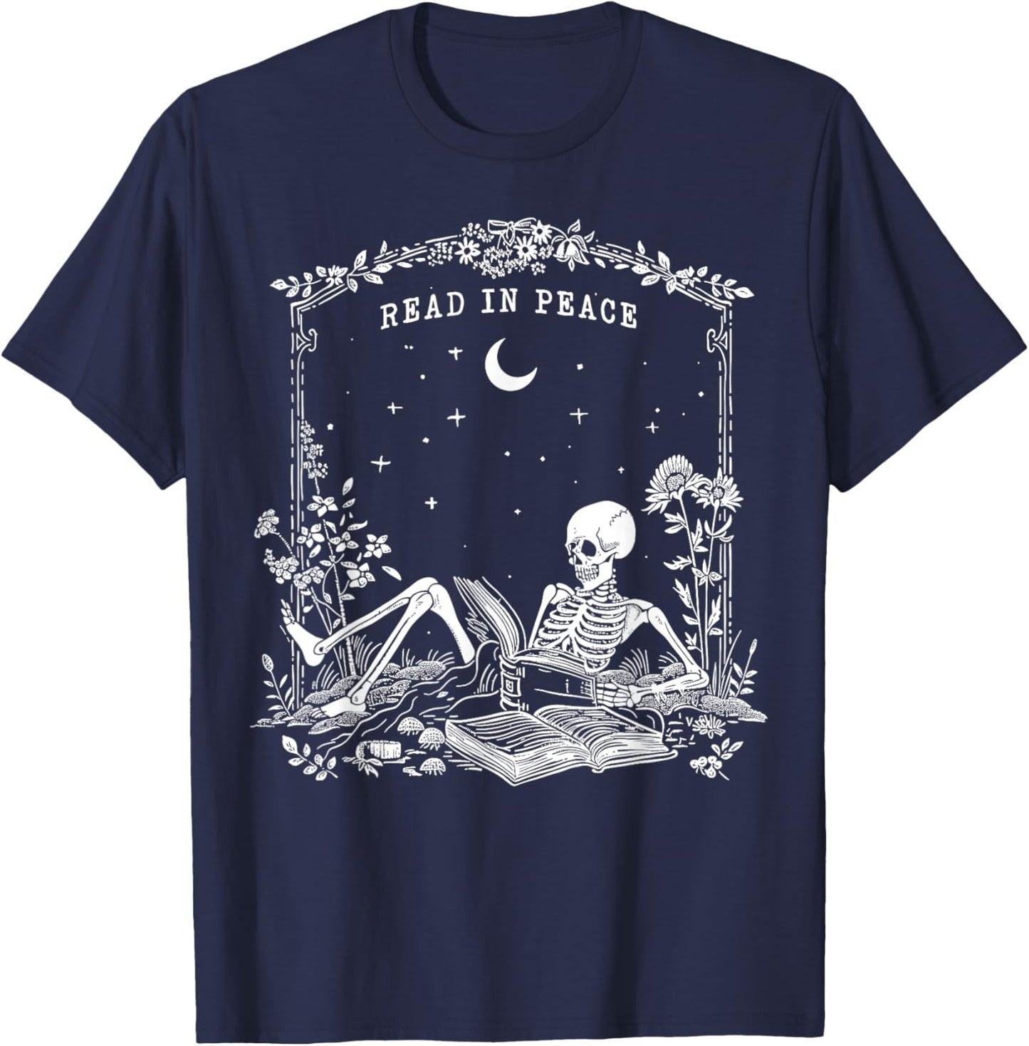 Read in Peace, Skeleton reading Book Halloween bookish T-Shirt - T-Shirt | Navy