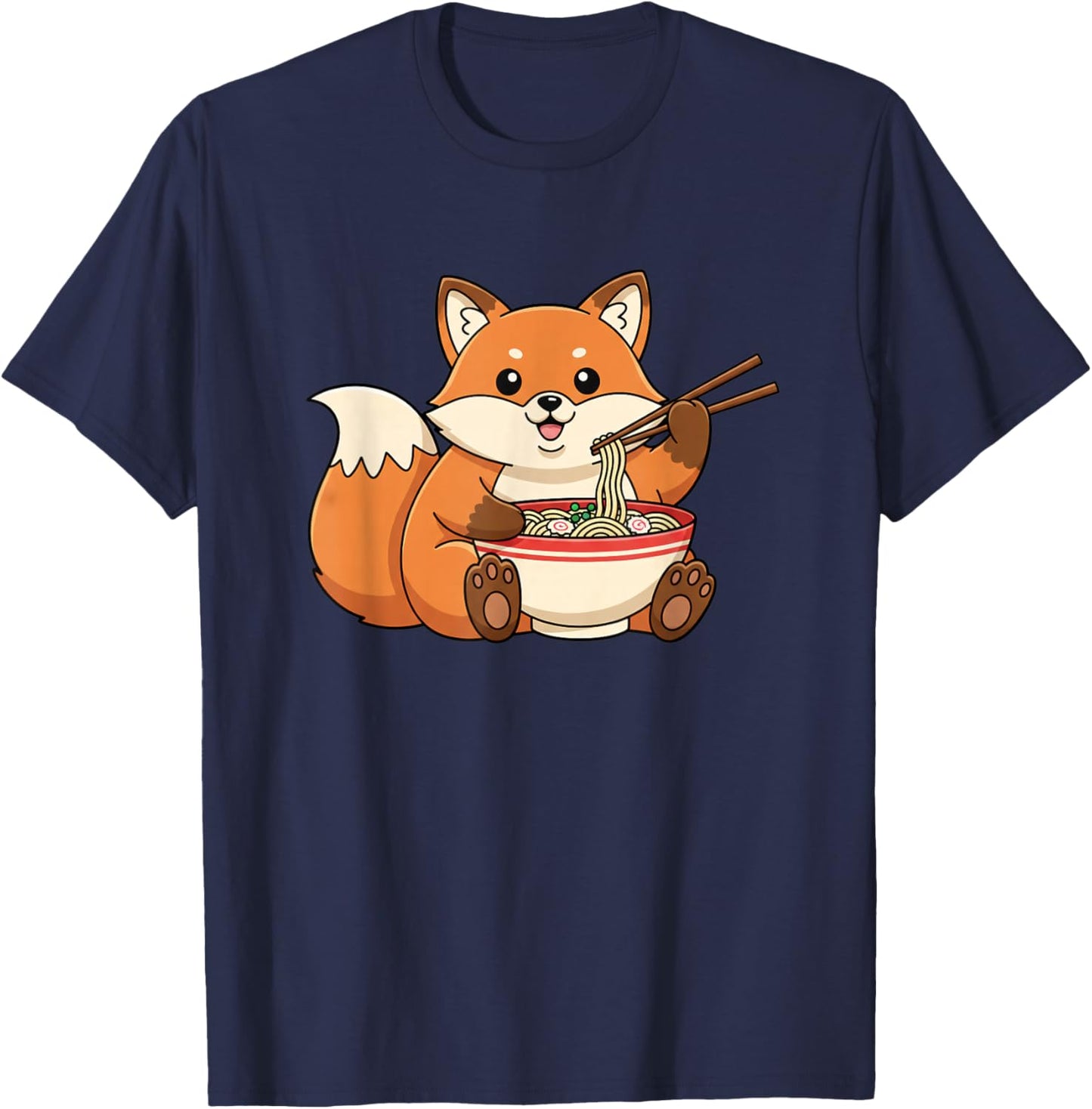 Cute Fox Eating Ramen Cartoon Animal Lover Funny Foodie T-Shirt - T-Shirt | Navy