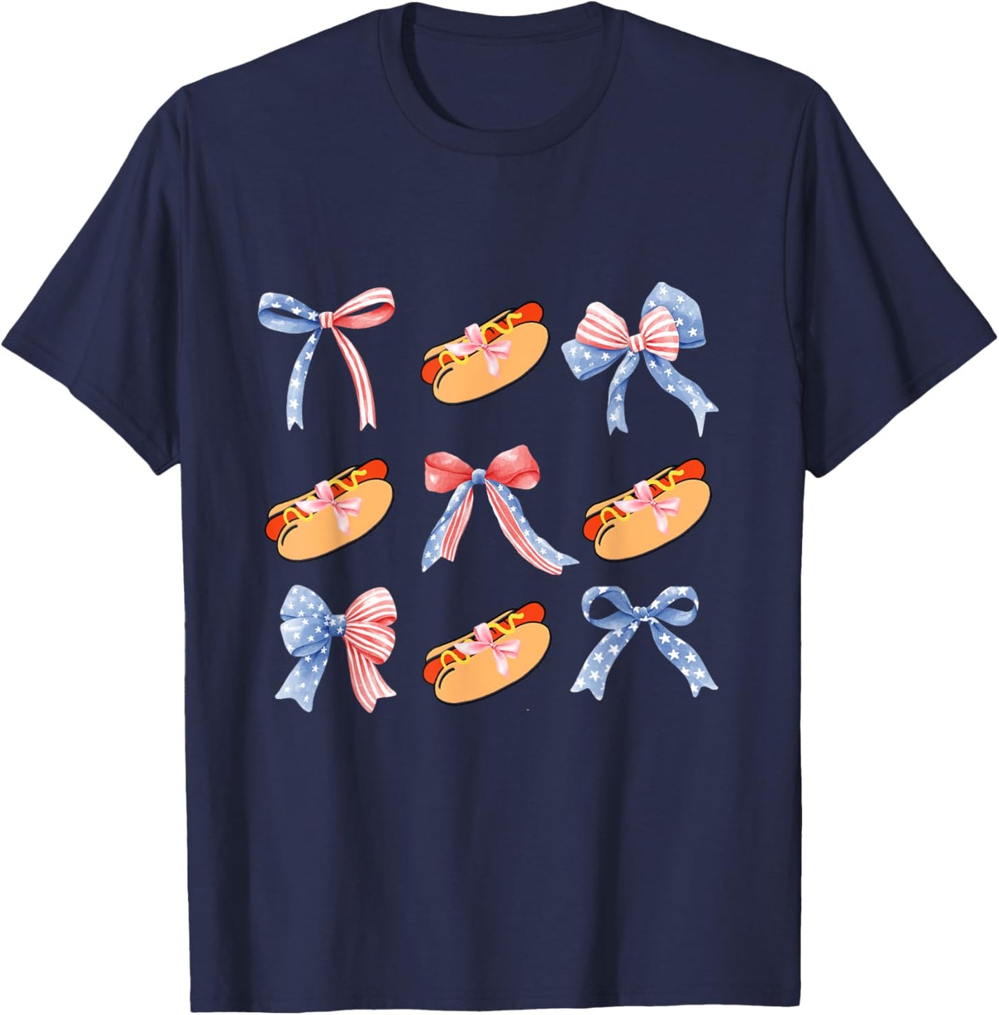 Pink Bows Cute Coquette hotdog y2k Girl Aesthetic USA bow T-Shirt - T-Shirt | Navy