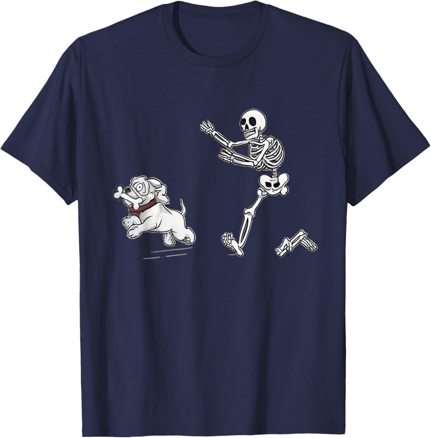 Halloween Dog, Funny Skeleton, Skeleton Chasing Dog T-Shirt - T-Shirt | Navy