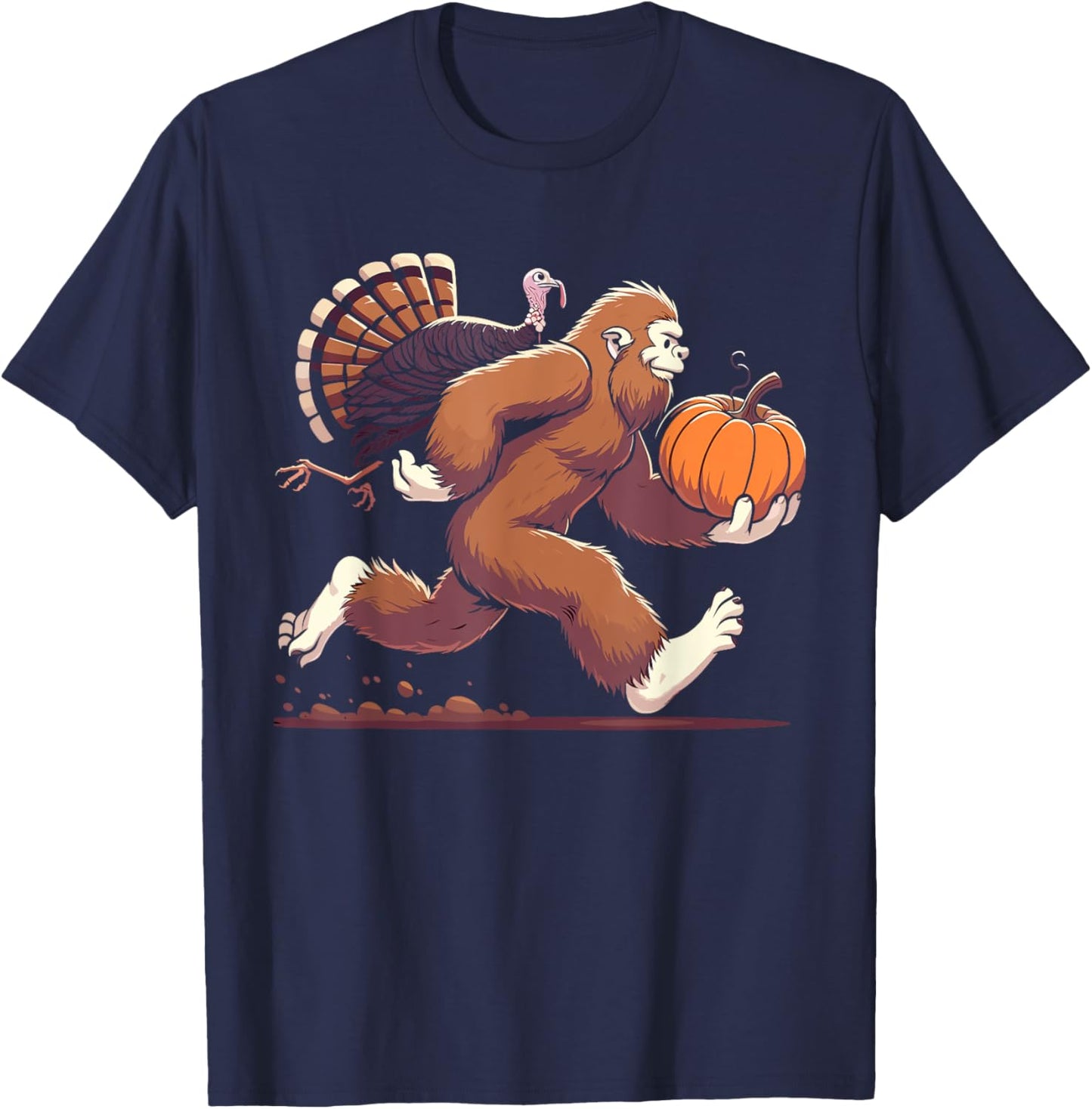 Bigfoot sasquatch with turkey and pumpkin for thanksgiving T-Shirt - T-Shirt | Navy