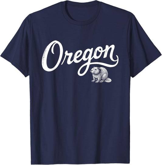 Oregon - OR, Retro Vintage Script Beaver Design T-Shirt - T-Shirt | Navy