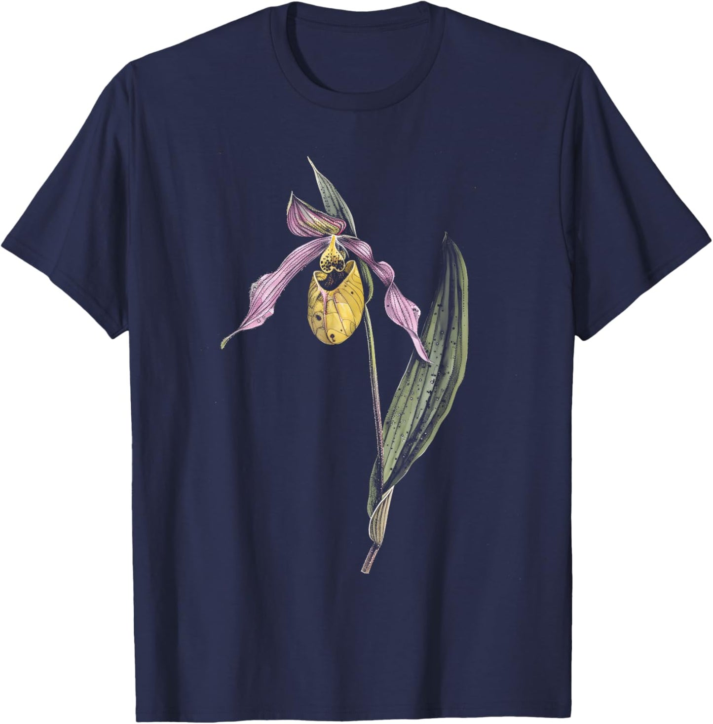 Botanical Lady's Slipper Orchid Flower Girl Floral Plant Mom T-Shirt - T-Shirt | Navy